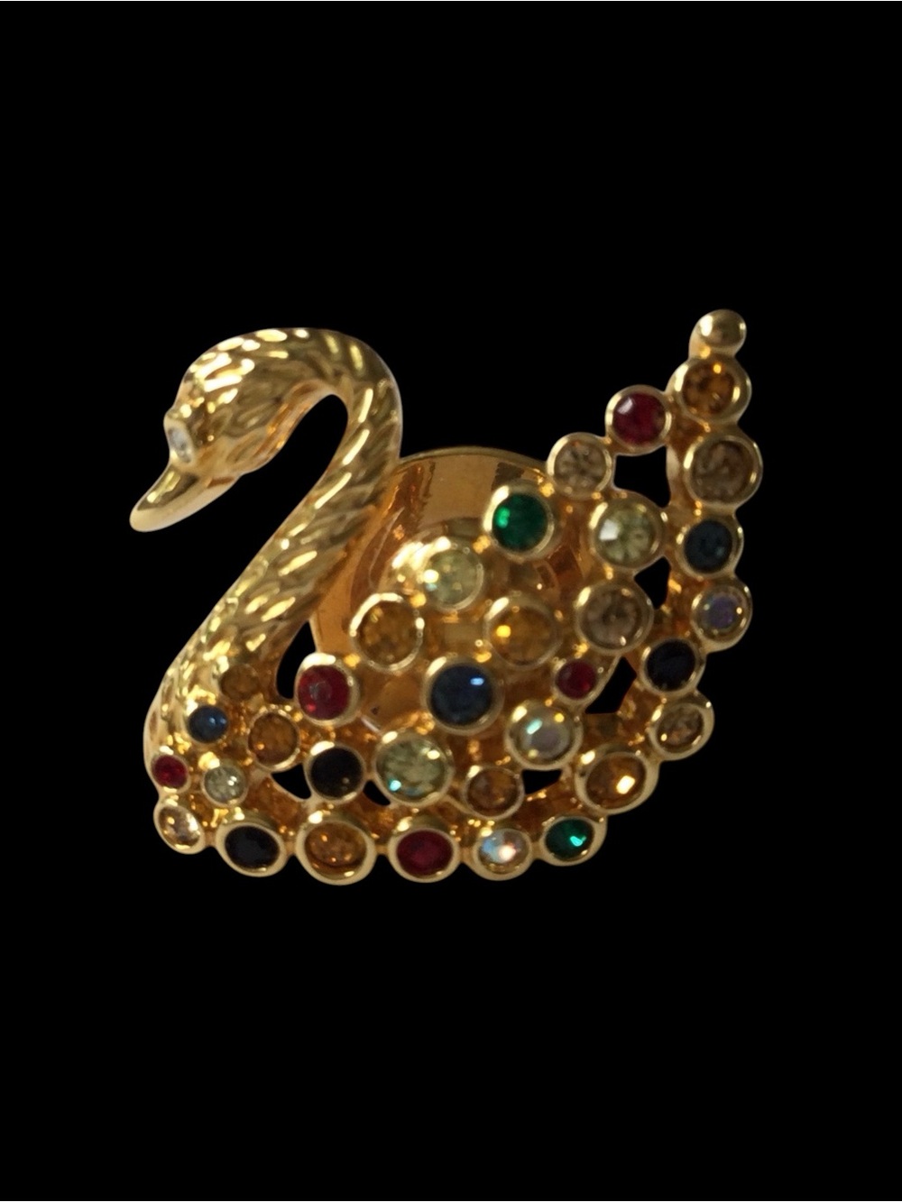 Vintage Swarovski Signed Swan Multicolor Crystal Gold‑Tone Lapel Pin - Picture 6 of 12